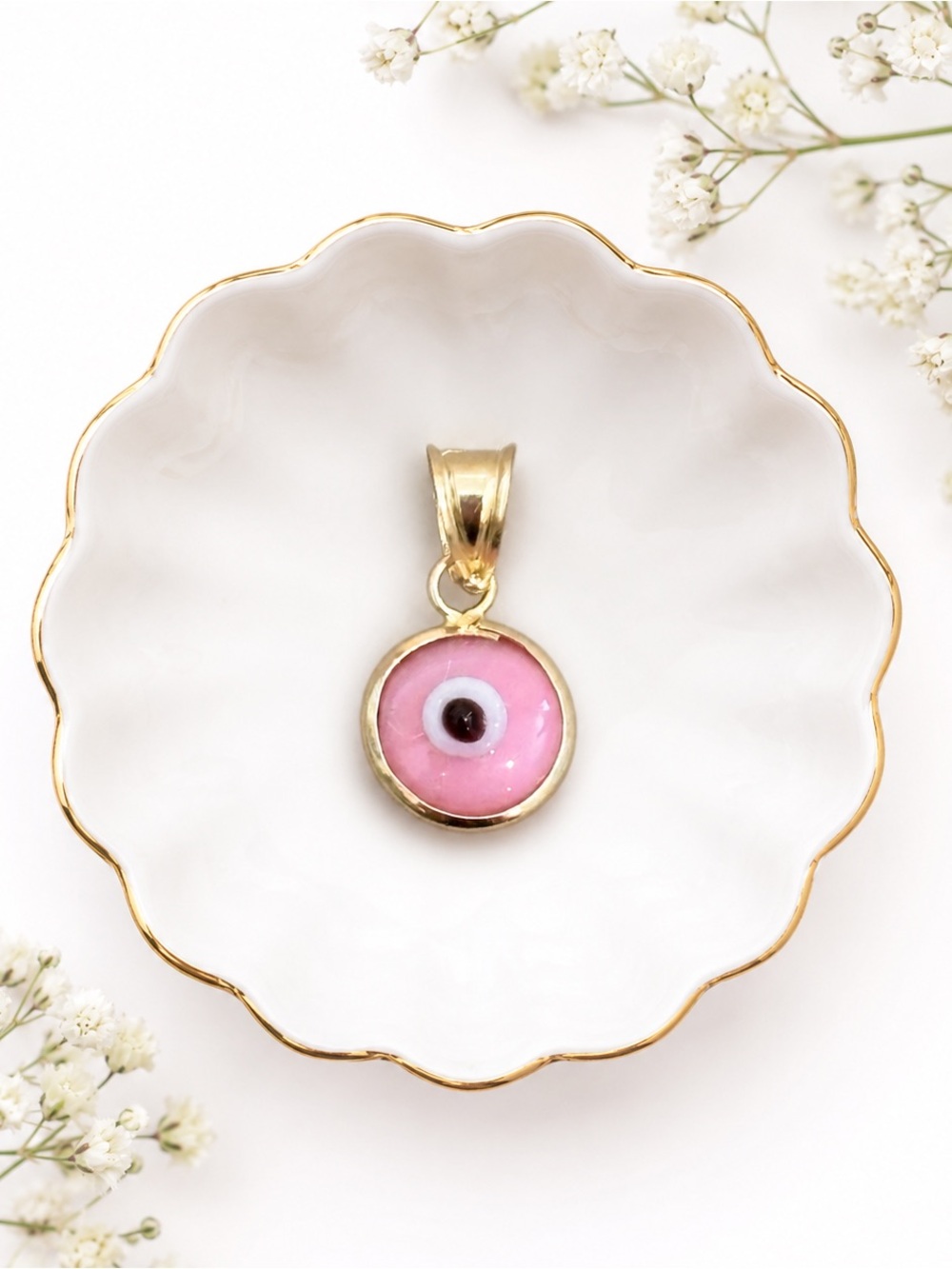 14k Gold Pink Enamel Evil Eye Pendant NEW